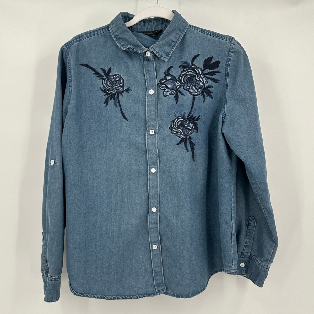 Womens Cottagecore Floral Embroidered Denim Top Size XL Shabby Chic Feminine
